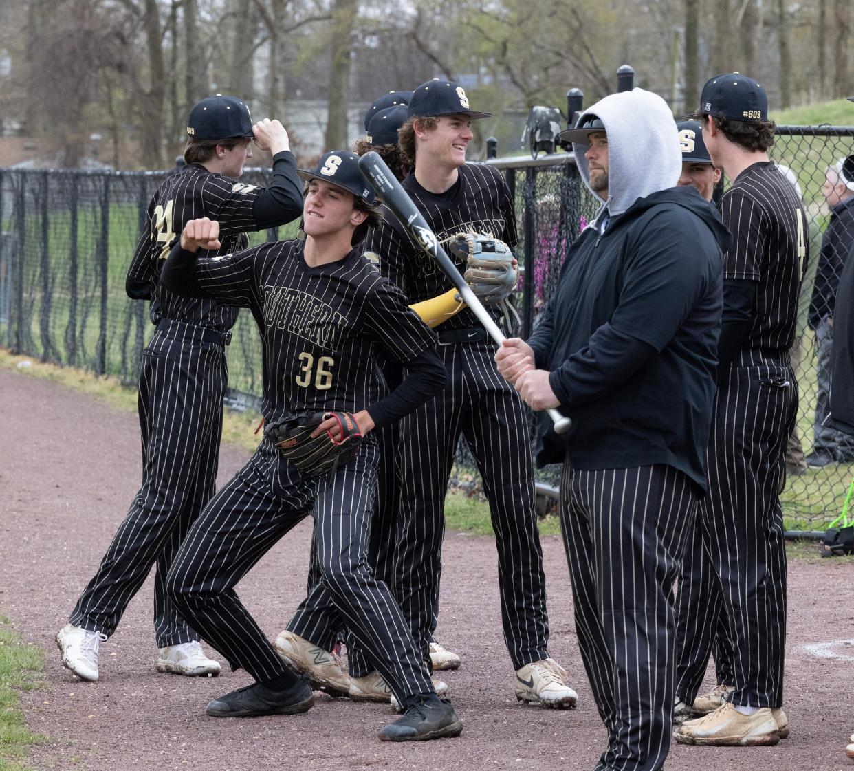 Southern's Brian Harper dances to the musice playing over the public address system at Toms River East prior to the Rams' 7-2 win over the Raiders on Thursday.