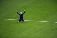 <p>France’s Antoine Griezmann celebrates at the end of the semifinal match between France and Belgium at the 2018 soccer World Cup in the St. Petersburg Stadium in St. Petersburg, Russia, Tuesday, July 10, 2018. (AP Photo/Pavel Golovkin) </p>