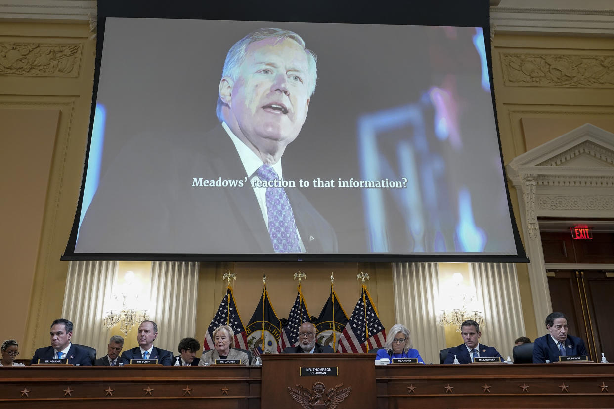 Former White House Chief of Staff Mark Meadows is seen on a screen during a hearing by the Select Committee to Investigate the January 6th Attack on the U.S. Capitol on June 09, 2022 in Washington, DC. (Drew Angerer/Getty Images)