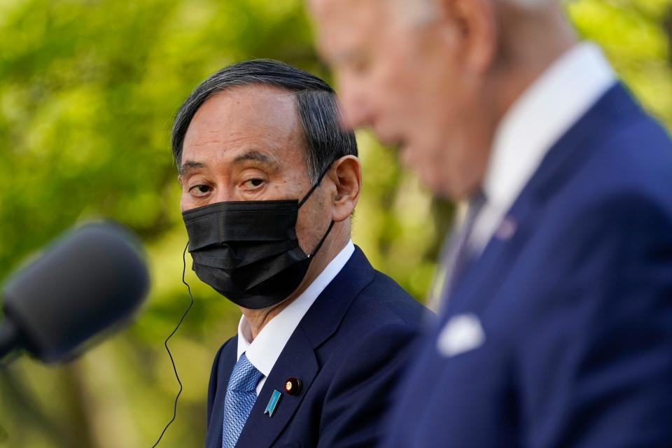 Japanese Prime Minister Yoshihide Suga says he and President Joe Biden agree “discrimination by race cannot be permitted.”