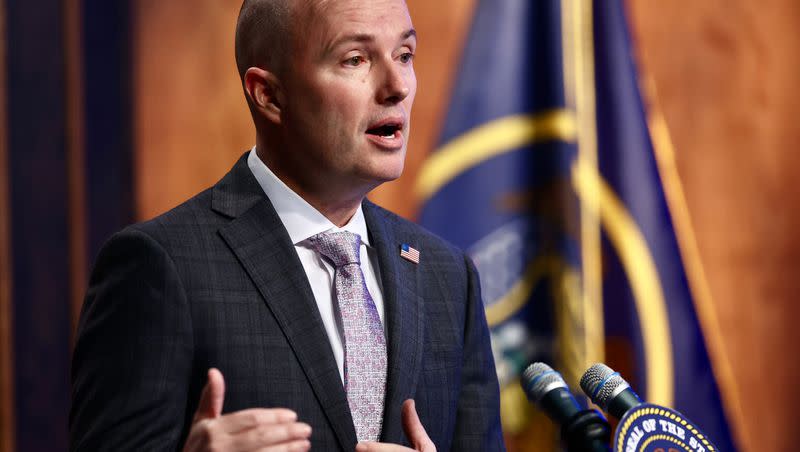 Gov. Spencer Cox holds his monthly news conference on March 16. Cox signed a bill Monday that requires police to conduct lethality assessments when responding to domestic violence calls.