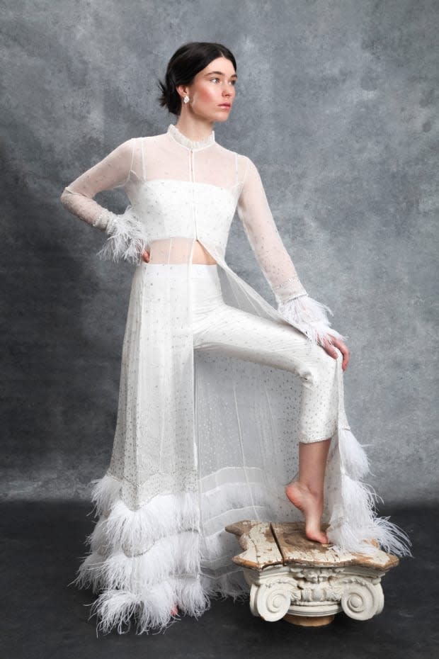 <p>A caftan, crop top and trousers look from the Sahroo bridal The Love Collection. Photo: Courtesy of Sahroo</p>