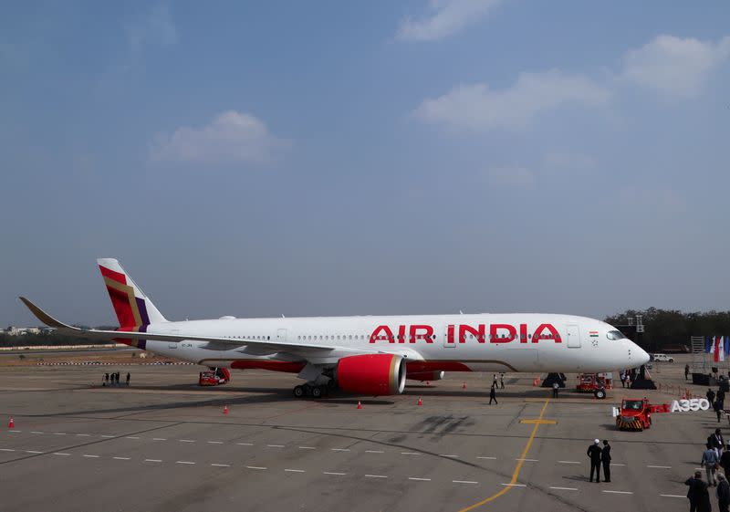 FILE PHOTO: An Air India Airbus A350 aeroplane is displayed at Wings India 2024 aviation at Begumpet airport, Hyderabad