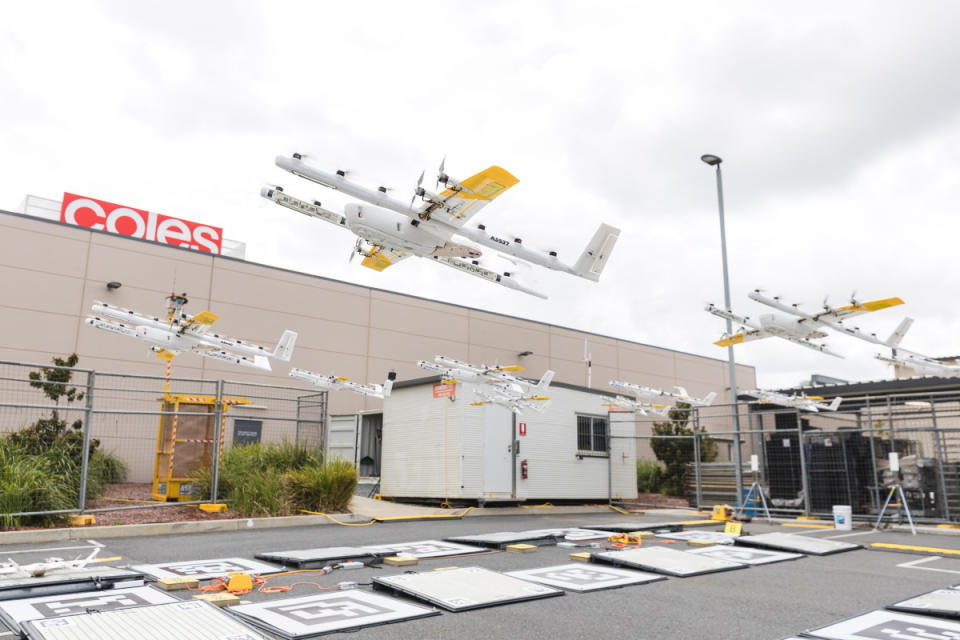 Drones hovering above Coles carpark