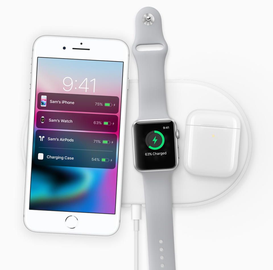 iPhone, Apple Watch, and AirPod case charging on Apple's AirPower mat