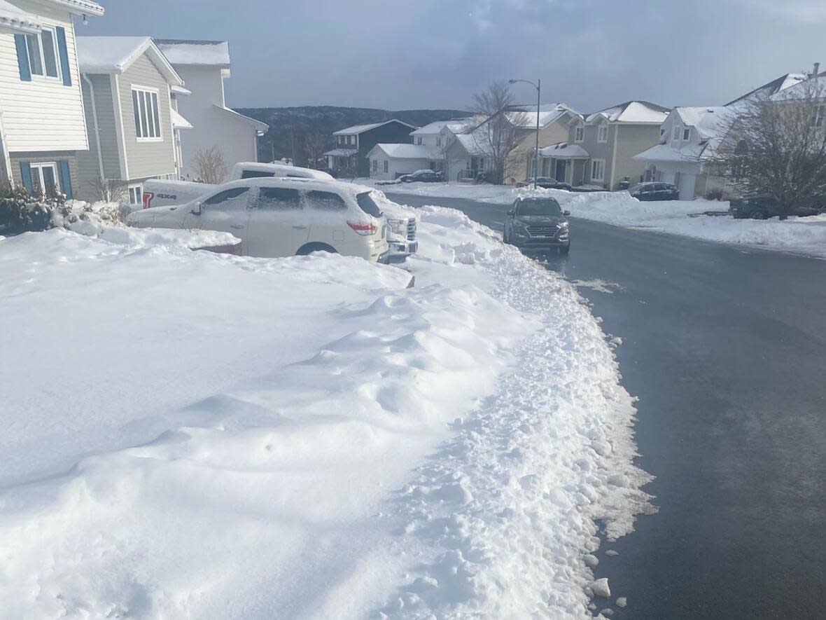 Pedestrian Shane Regular says snow-covered sidewalks, as seen on his street in St. John's in 2022, make it difficult for people like him to commute. (Submitted by Shane Regular - image credit)