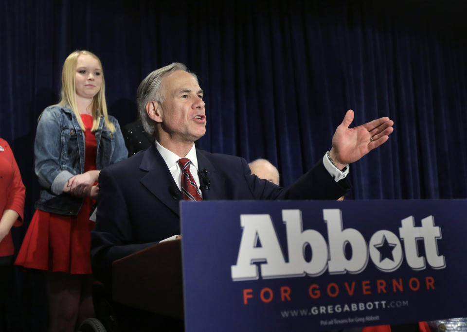 FILE - In this March 4, 2014, file photo, Texas Attorney General Greg Abbott talks to supporters during his victory party in San Antonio. He won the Republican nomination for Texas governor. On Wednesday, March 5, 2014, the state of Texas emerged from the nation's first primary of 2014 looking solidly Republican as ever. Now the Texas governor's race really begins _ and Democrat gubernatorial candidate Wendy Davis insists that, yes, it'll be a race. (AP Photo/Eric Gay, File)