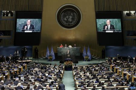 Ban Ki-moon, Secretary-General of the United Nations, delivers his opening remarks at the Paris Agreement signing ceremony on climate change at the United Nations Headquarters in Manhattan, New York, U.S., April 22, 2016. REUTERS/Mike Segar