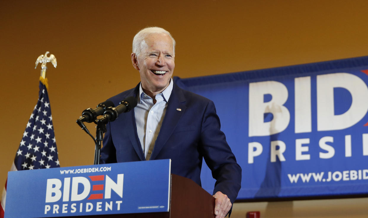 Former vice president and Democratic presidential candidate Joe Biden speaks at a rally with members of a painters and construction union, Tuesday, May 7, 2019, in Henderson, Nev. (Photo: John Locher/AP)