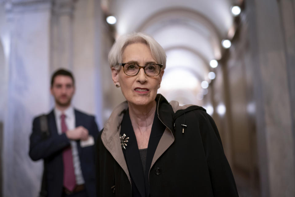 Deputy Secretary of State Wendy Sherman arrives at the Capitol as senators receive a briefing on the war in Ukraine, in Washington, Wednesday, March 30, 2022. (AP Photo/J. Scott Applewhite)