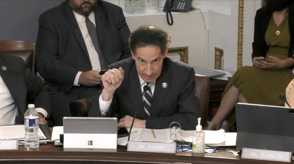 Rep. Jamie Raskin questions Rep. Andrew Clyde during a Rules Committee hearing on Capitol Hill on January 27, 2021. (House.gov video)