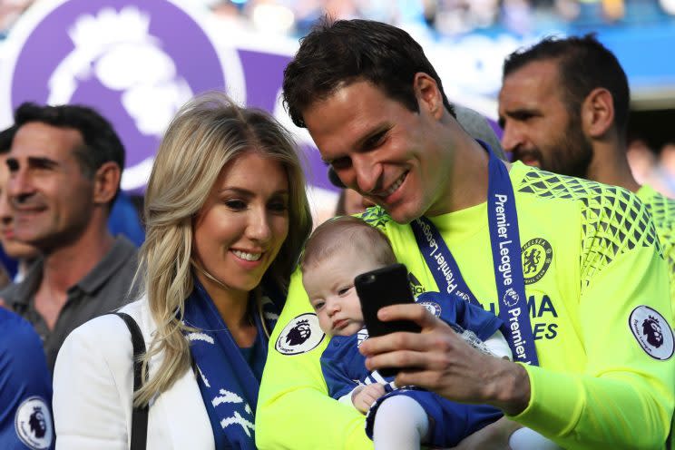 Asmir Begovic celebrating Chelsea's title win