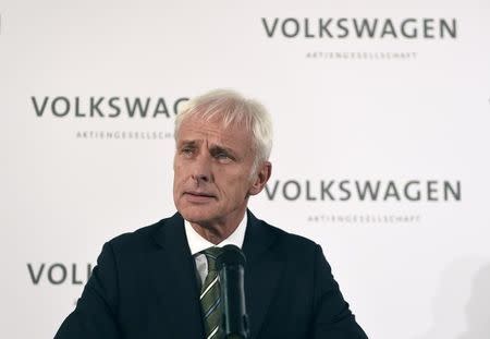 New Volkswagen CEO Matthias Mueller addresses a news conference at Volkswagen's headquarters in Wolfsburg, Germany September 25, 2015. REUTERS/Fabian Bimmer
