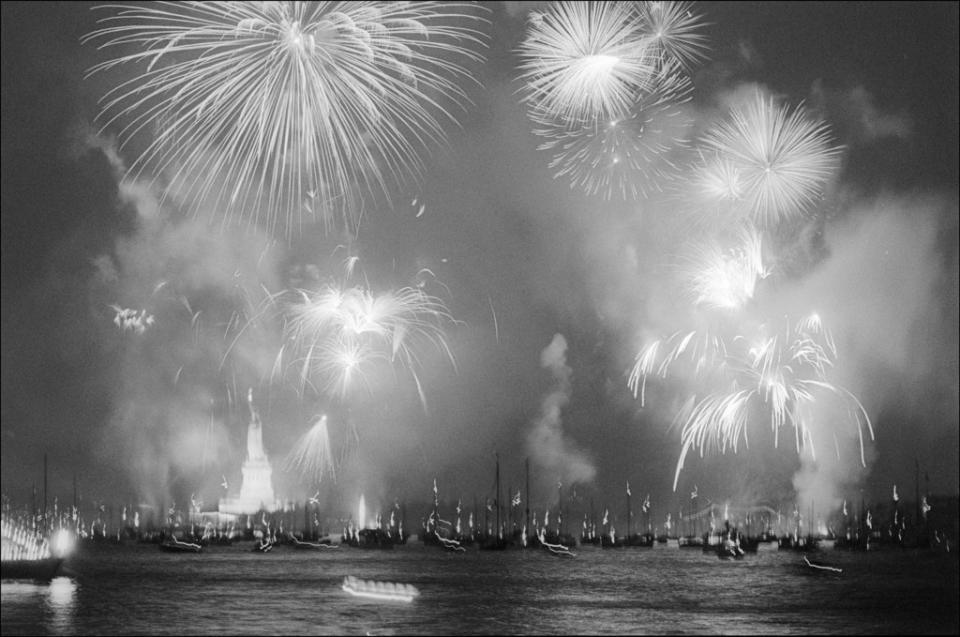 Fireworks fill the night sky over New York Harbor and the Statue of Liberty in celebration of America’s Bicentennial 50 years ago. Getty Images