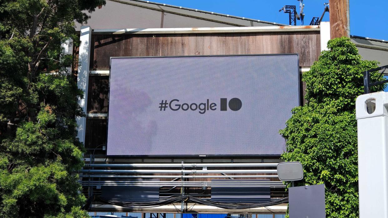  An electronic billboard showing the Google I/O label. 