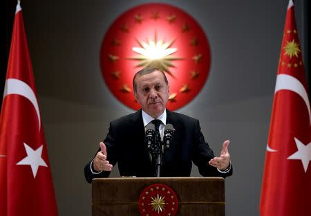 Turkish President Tayyip Erdogan makes a speech during an iftar event in Ankara, Turkey, June 29, 2016. Picture taken June 29, 2016. Yasin Bulbul/Presidential Palace/Handout via REUTERS