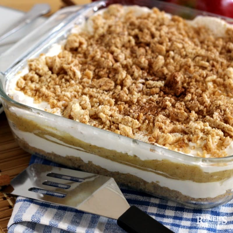 <p>Renee's Kitchen Adventures</p><p>Apple Cinnamon Oreo Delight is an easy, no-bake, desert made with Oreo cookies, cream cheese, pudding, whipped topping, and apple pie filling.</p><p><strong>Get the recipe: <a href="https://www.reneeskitchenadventures.com/2018/09/apple-cinnamon-oreo-delight.html?fbclid=IwAR06STlK_Nd7wN0wdntX2UmALM2L1QFFv6iB3tb_FAjlS29seBXfUiDHq3E" rel="nofollow noopener" target="_blank" data-ylk="slk:Apple Cinnamon Oreo Delight;elm:context_link;itc:0;sec:content-canvas" class="link ">Apple Cinnamon Oreo Delight</a></strong></p>