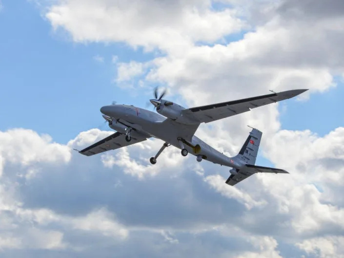 A B model of Bayraktar AKINCI TİHA (Assault Unmanned Aerial Vehicle) in the sky on March 2, 2022 in Corlu, Turkey.