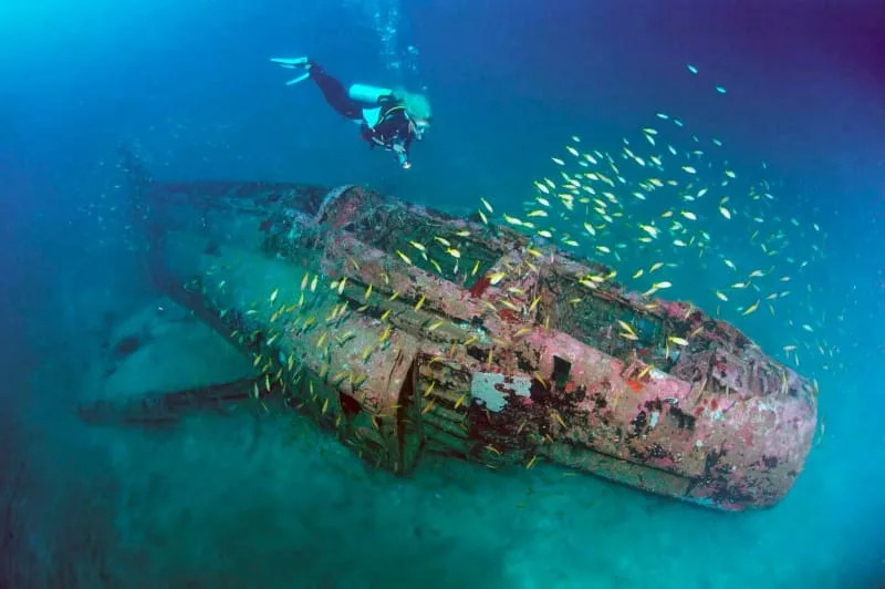 Countless wrecks, like this F-4 Phantom jet in the Philippines' Subic Bay, can be reached from coasts across Southeast Asia.