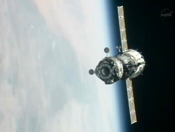 The Russian Soyuz TMA-06M spacecraft as seen from the International Space Station as it approaches on Oct. 25, 2012 for docking.