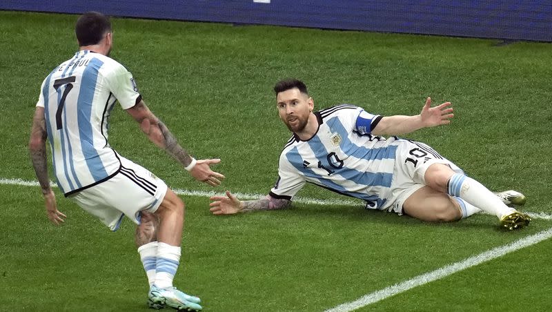 Argentina’s Lionel Messi celebrates scoring his side’s opening goal during the World Cup final soccer match between Argentina and France at the Lusail Stadium in Lusail, Qatar, on Dec. 18, 2022.