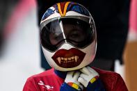 <p>Romania’s Maria Marinela Mazilu may have the helmet that wins the unofficial award for ‘Most likely to end up in a horror movie.’ </p>