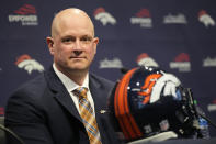 Denver Broncos new head coach Nathaniel Hackett makes a point during a news conference to introduce the new coach Friday, Jan. 28, 2022, at the team's headquarters in Englewood, Colo. (AP Photo/David Zalubowski)