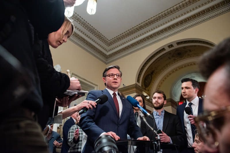 Speaker of the House Mike Johnson, R-La., speaks to reporters Saturday after the House passed a long-sought $95 billion foreign aid package for Ukraine, Israel and Taiwan. Photo by Annabelle Gordon/UPI