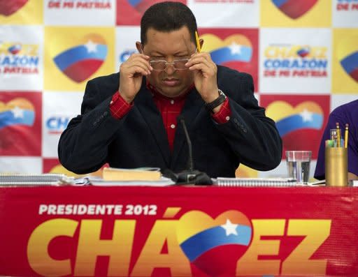 Venezuelan President Hugo Chavez holds a press conference in Caracas on July 9, 2012. Chavez, who on Sunday launched his campaign ahead of the October elections, is facing his first serious election challenge as he vies for a new term that would cement his legacy both at home and abroad as Latin America's leading leftist