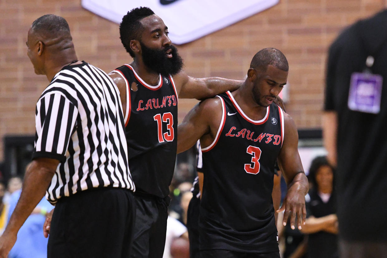 Teaming up at the Drew League, James Harden and Chris Paul just scratched the surface of what they’ll be capable of this year. (Getty)