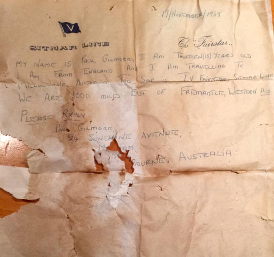 The 50-year-old message that was found in a bottle from a British schoolboy. Source: Caters