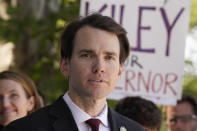 FILE — In this July 21, 2021 file photo Assemblyman Kevin Kiley, of Rocklin, a Republican candidate for governor in the Sept. 14 recall election, campaigns for school choice outside a charter school in Sacramento, Calif. Kiley is is one of several high-profile Republicans, who is running to replace Gov. Gavin Newsom in the Sept. 14 recall election. Kiley and three other Republican candidates are heading into their first televised debate, to be held Wednesday, Aug. 4, 2021. Conservative talk radio host Larry Elder and reality tv personality Caitlyn Jenner will not attend the debate. (AP Photo/Rich Pedroncelli, File)