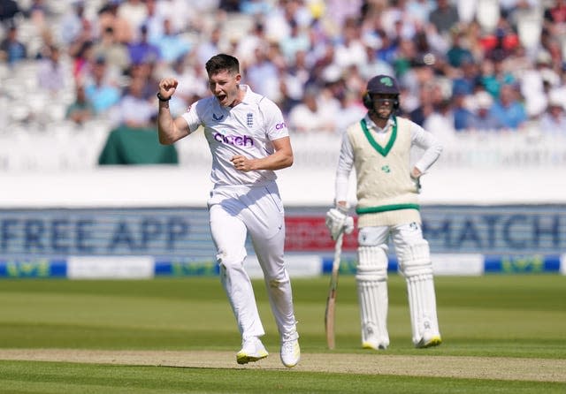 Matthew Potts celebrates tacking a wicket against Ireland