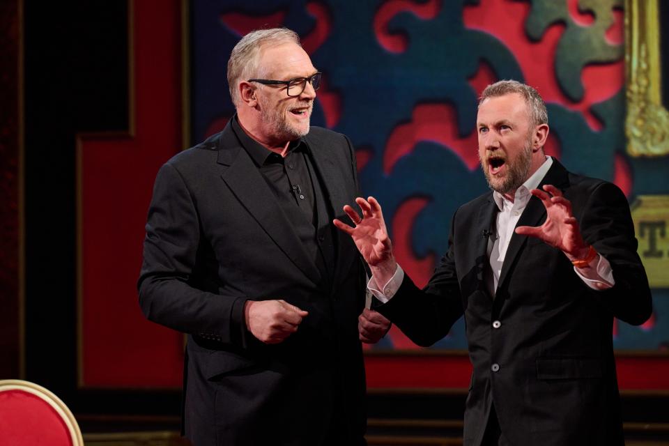 The Taskmaster and his assistant: Greg Davies and Alex Horne on the set of British comedy game show, "Taskmaster."