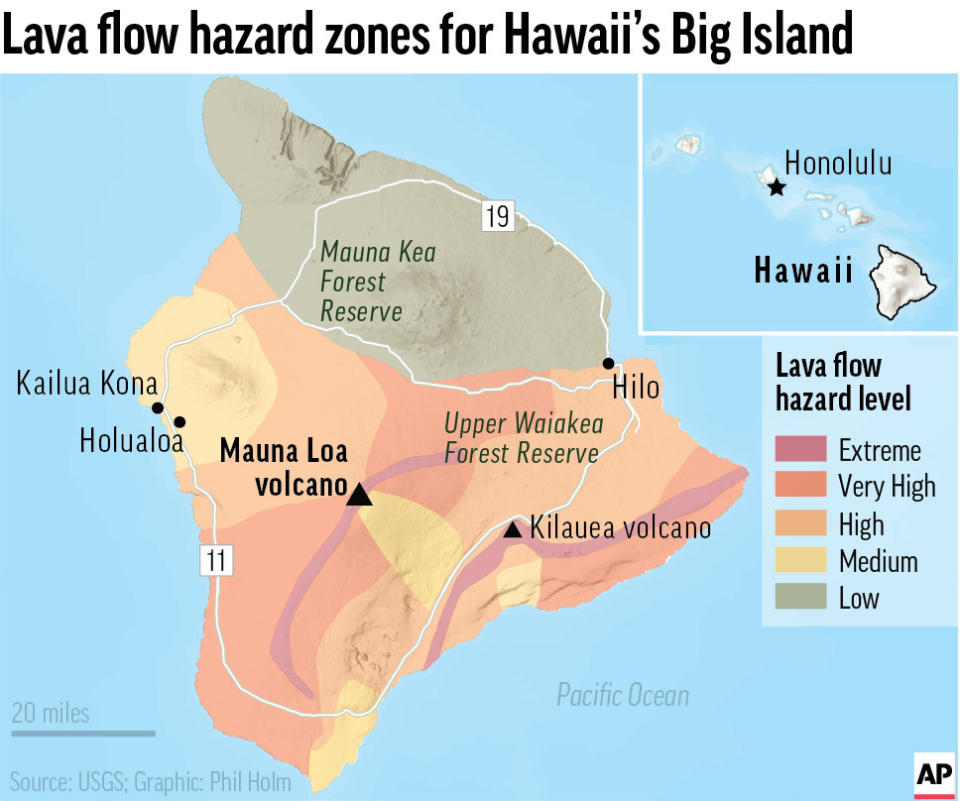 The ground is shaking and swelling at Mauna Loa, the largest active volcano in the world, indicating that it could erupt. Scientists say they don't expect that to happen right away but officials on the Big Island of Hawaii are telling residents to be prepared in case it does erupt soon. This map shows the lava flow hazard level zones for the island.