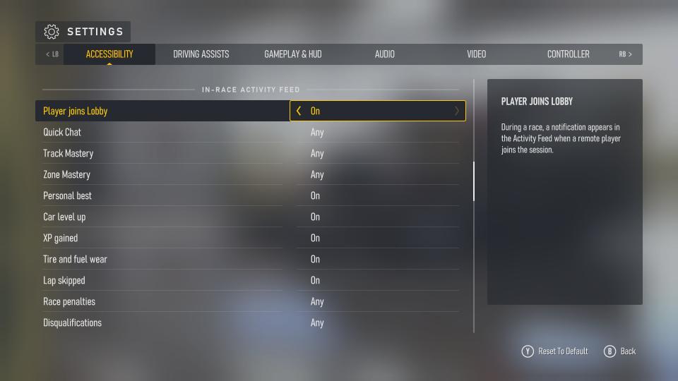 Screenshots of Forza Motorsport (2023)'s accessibility menus and settings.