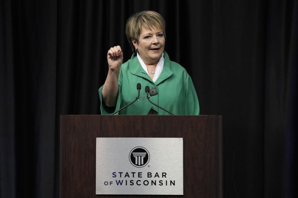 FILE - Wisconsin Supreme Court candidate Democratic-supported Janet Protasiewicz participates in a debate Tuesday, March 21, 2023, in Madison, Wis. Wisconsin Republicans still reeling from an April election that saw conservatives lose majority control of the state Supreme Court hope to use their upcoming state convention to unify and refocus on the looming presidential race where Wisconsin will once again be a battleground. (AP Photo/Morry Gash, File)