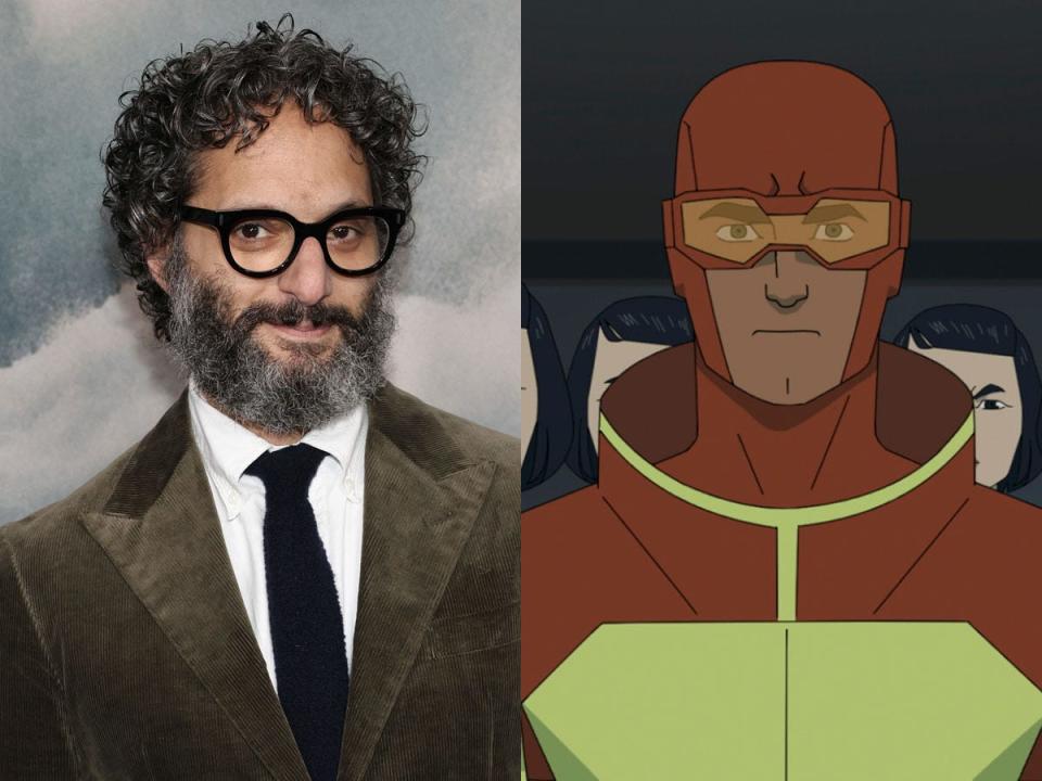 Jason Mantzoukas, left, in December 2023. Rex Splode, right, on season two of the animated series "Invincible."