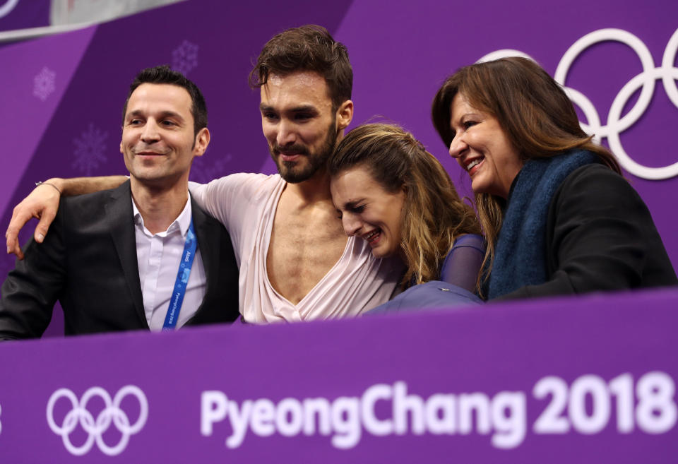 Gabriella Papadakis and Guillaume Cizeron, center, react after competing in the Figure Skating Ice Dance Free Dance on February 20, 2018 (Photo: Maddie Meyer via Getty Images)