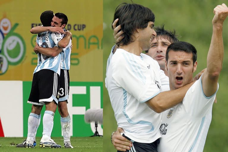 El festejo del gol contra México en el Mundial 2006, y un momento de diversión en una práctica junto con Roberto Ayala (hoy su asistente) y Roberto Abbondanzieri