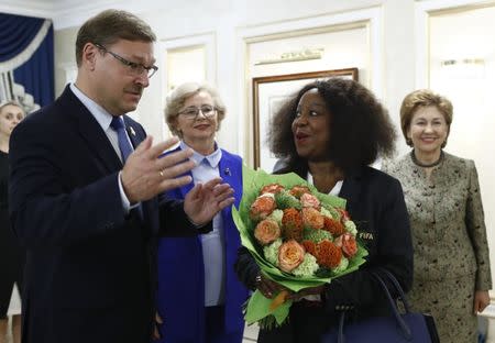 FIFA Secretary General Fatma Samoura meets with Russian lawmaker Konstantin Kosachev, chairman of the international affairs committee of Russia’s upper house of parliament, in Moscow, Russia July 11, 2018. REUTERS/Sergei Karpukhin