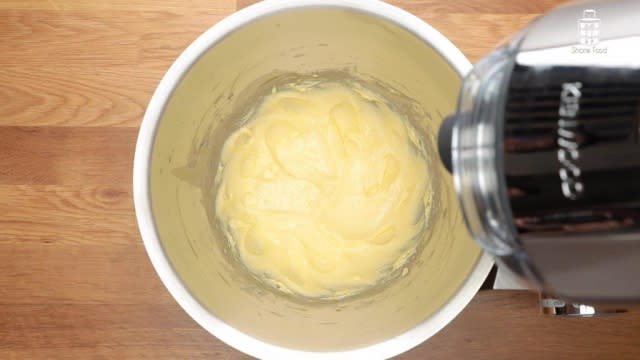 Cake batter in mixing bowl