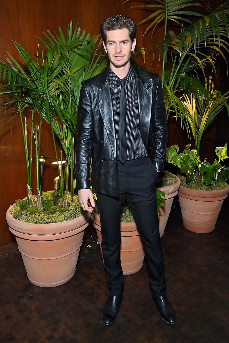 Andrew Garfield, GQ, GQ Men of the Year, leather blazer, jacket, menswear, boots, black boots, leather boots, celebrity style, mens style, celebrity red carpet, red carpet