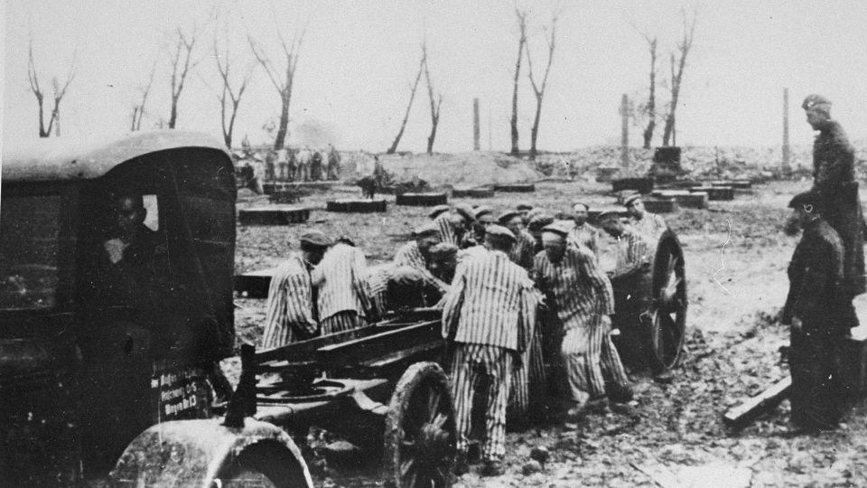 Prisoners at forced labor are pictured constructing the Krupp factory at Auschwitz. - United States Holocaust Memorial Museum
