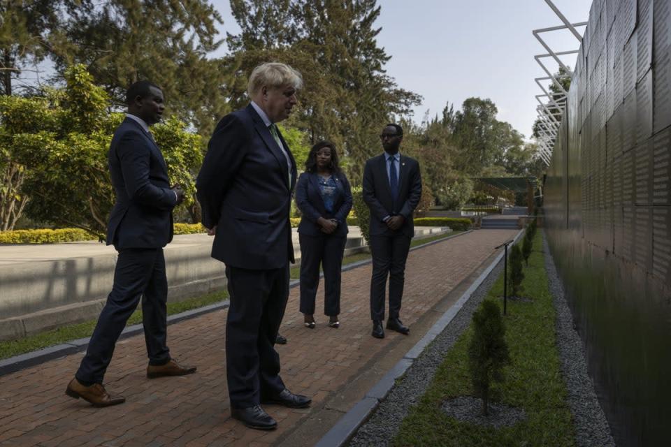 Boris Johnson with Freddy Mutanguha (left), executive director for the Aegis Trust at the Kigali Genocide Memorial, in Kigali, Rwanda (Dan Kitwood/PA) (PA Wire)