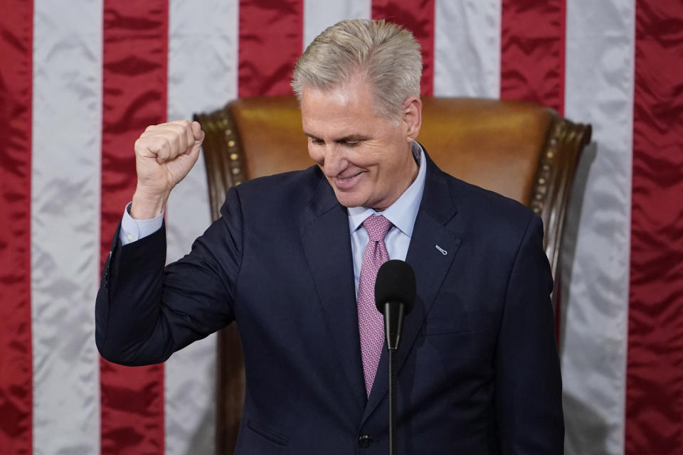 FILE - House Speaker Kevin McCarthy of Calif., reacts after being sworn in on the House floor at the U.S. Capitol in Washington, early Saturday, Jan. 7, 2023. (AP Photo/Andrew Harnik, File)
