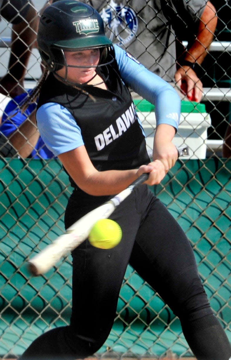 Pitcher Kinsley Hall of Delaware Division 3 connects on a pitch in Thursday's game against Asia Pacific.