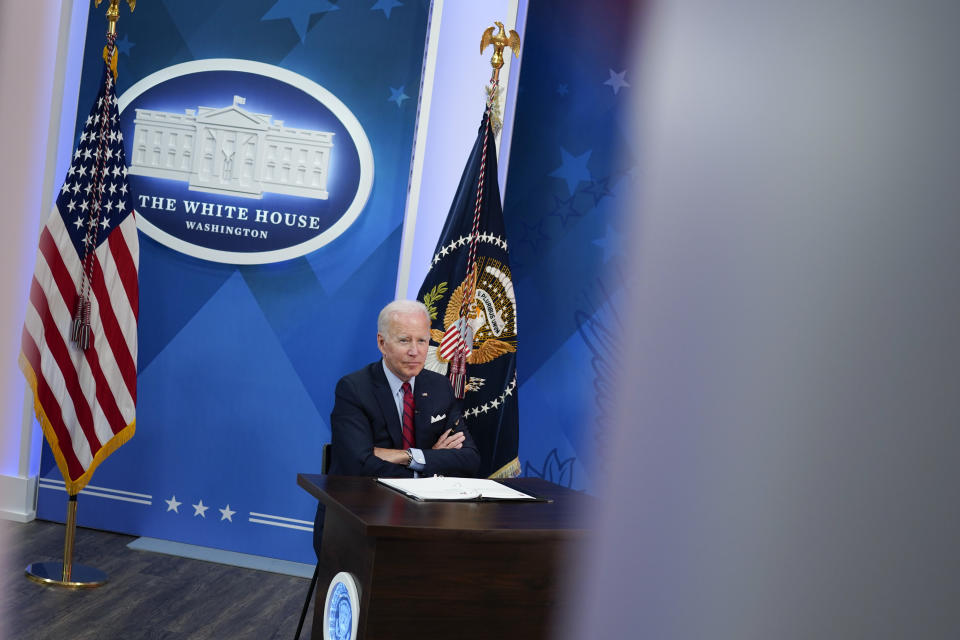 President Joe Biden listens during a virtual meeting with Democratic governors on the issue of abortion rights, in the South Court Auditorium on the White House campus, Friday, July 1, 2022, in Washington. (AP Photo/Evan Vucci)