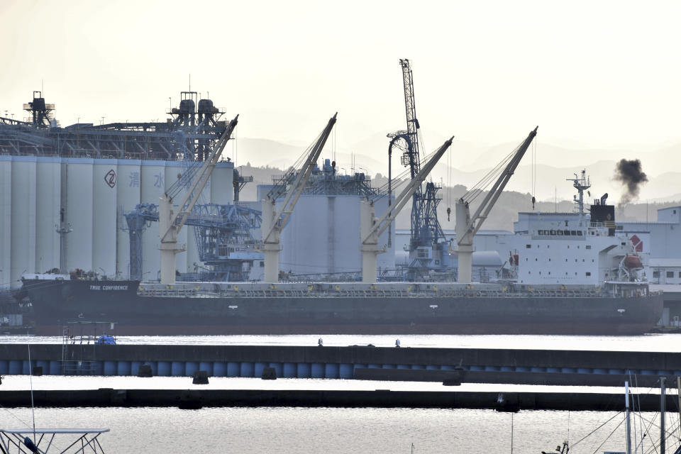 The bulk carrier True Confidence is seen at Shimizu Port in Japan on July 6, 2023. A missile attack by Yemen's Houthi rebels on the ship in the Gulf of Aden on Wednesday, March 6, 2024, killed three of its crew members and forced survivors to abandon the vessel, the U.S. military said. It was the first fatal strike in a campaign of assaults by the Iranian-backed group over Israel's war on Hamas in the Gaza Strip. (Yohei Mitsugi via AP)