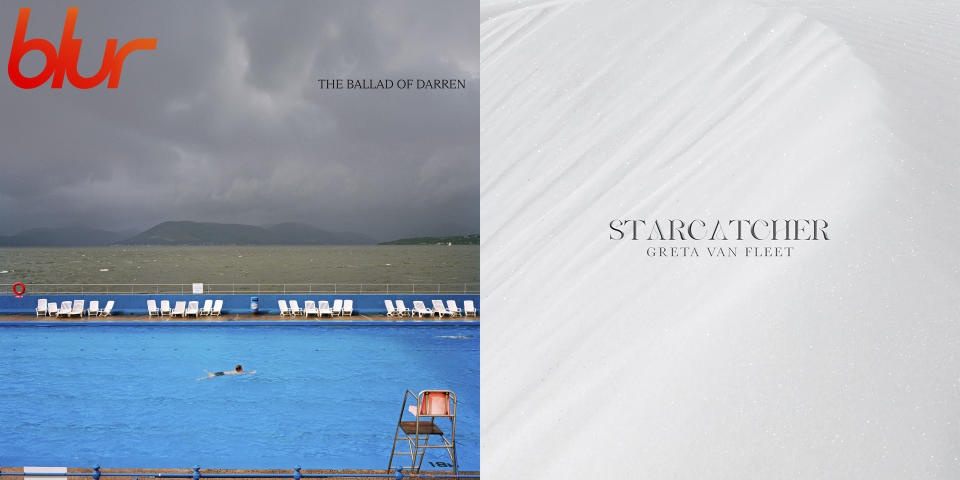 This combination of album cover images shows "The Ballad of Darren" by Blur, left, and "Starcatcher" by Greta Van Fleet. (Parlophone, left, and Lava/Republic Records via AP)